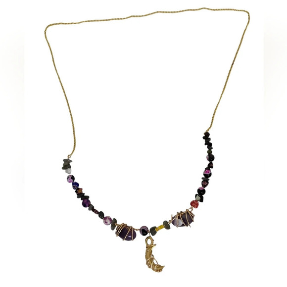Cresant Clear Crystals Moon Amethyst 14K Gold Plated Copper Necklace - Picture 3 of 6